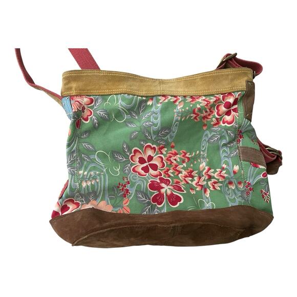 LUCKY BRAND Floral Blossom Green Canvas Suede purse tote bag boho Large VTG Y2k - Picture 2 of 11